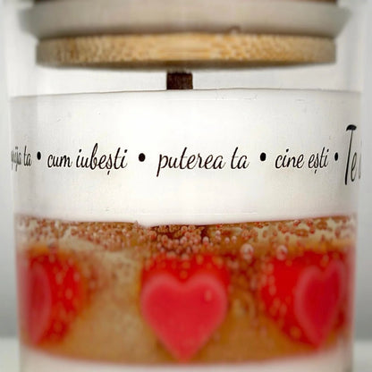 Eticheta lumânării Te Iubesc Pentru.. — mesaj de dragoste personalizat pe lumânare, cadou Valentine's Day Lumisoul
